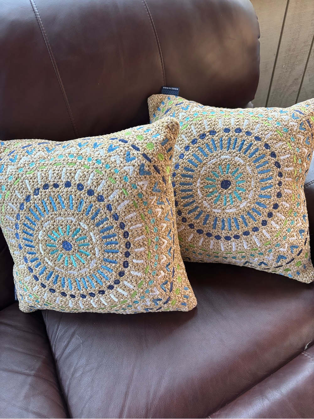 Set of 2 Honeycomb Indoor or Outdoor Raffia Medallion Pillow Boho Turquoise